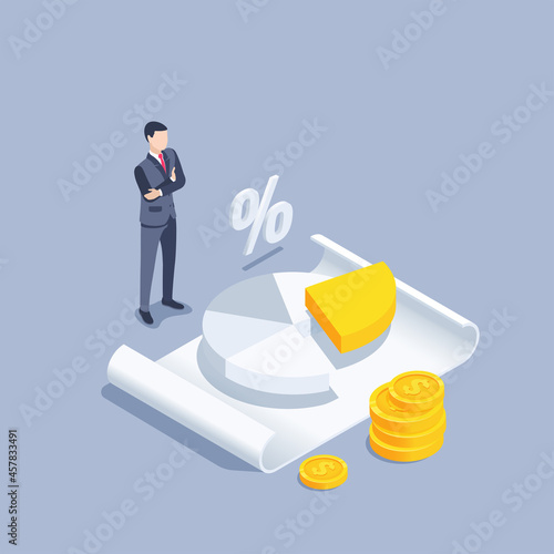 isometric vector illustration on a gray background, a man in a business suit stands near a sheet of paper with a pie chart, share in the business