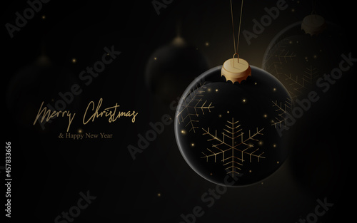 Christmas background. Black and gold luxury Christmas balls hanging on dark background. Vector illustration