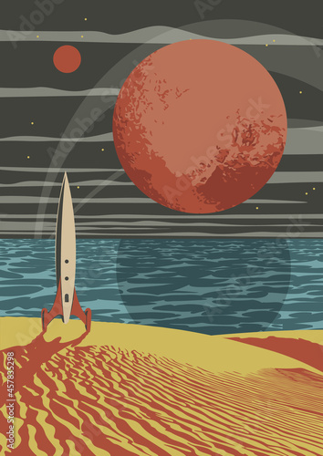 Retro Future style Space Illustration, Space Rocket, Red Planet, Sand Dunes and Ocean 