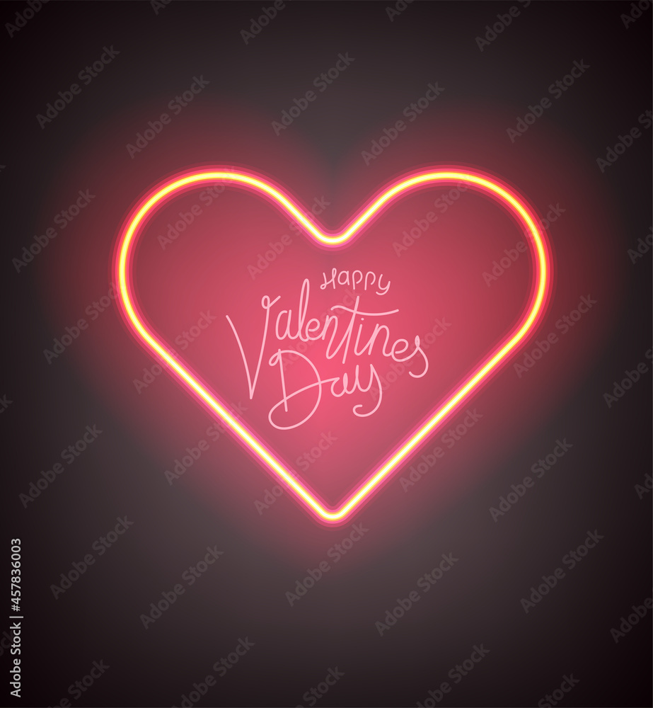 Neon glowing heart shape. Happy Valentines Day vector banner template