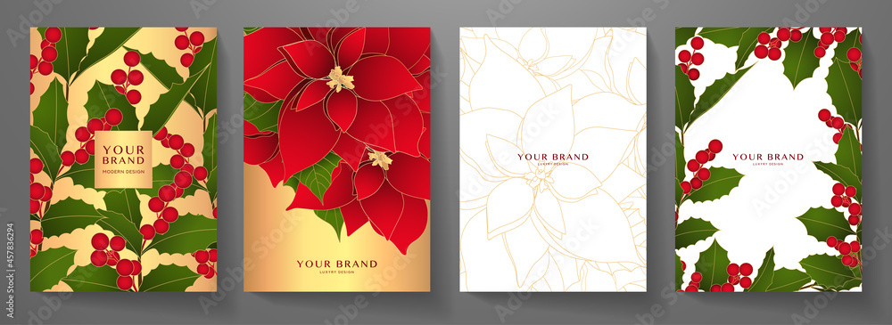 Christmas cover, frame design set. Vector template with red poinsettia flower, berries on gold, white background. Holiday decoration (backdrop) for celebration Christmas, invite card, new year Christmas cover, frame design set. Vector template with red poinsettia flower, berries on gold, white background. Holiday decoration (backdrop) for celebration Christmas, invite card, new year