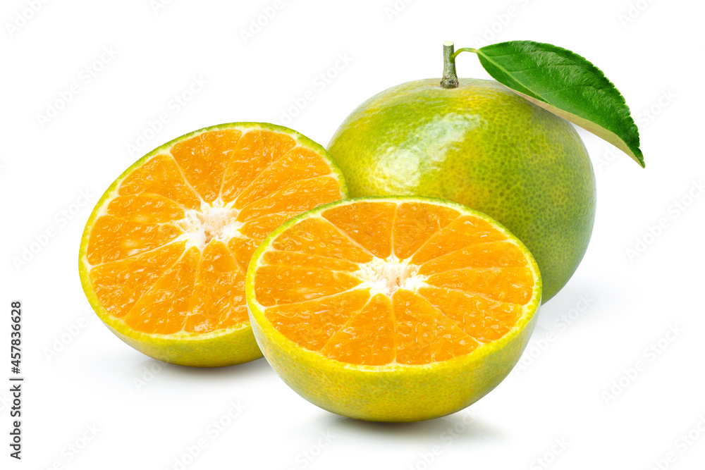 Tangerine (clementine) orange fruit with green leaf and cut in half slice isolated on white background. Tangerine (clementine) orange fruit with green leaf and cut in half slice isolated on white background.