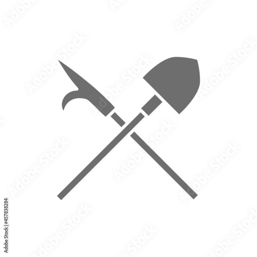 Fire gaff with shovel, firefighter equipment grey icon. photo