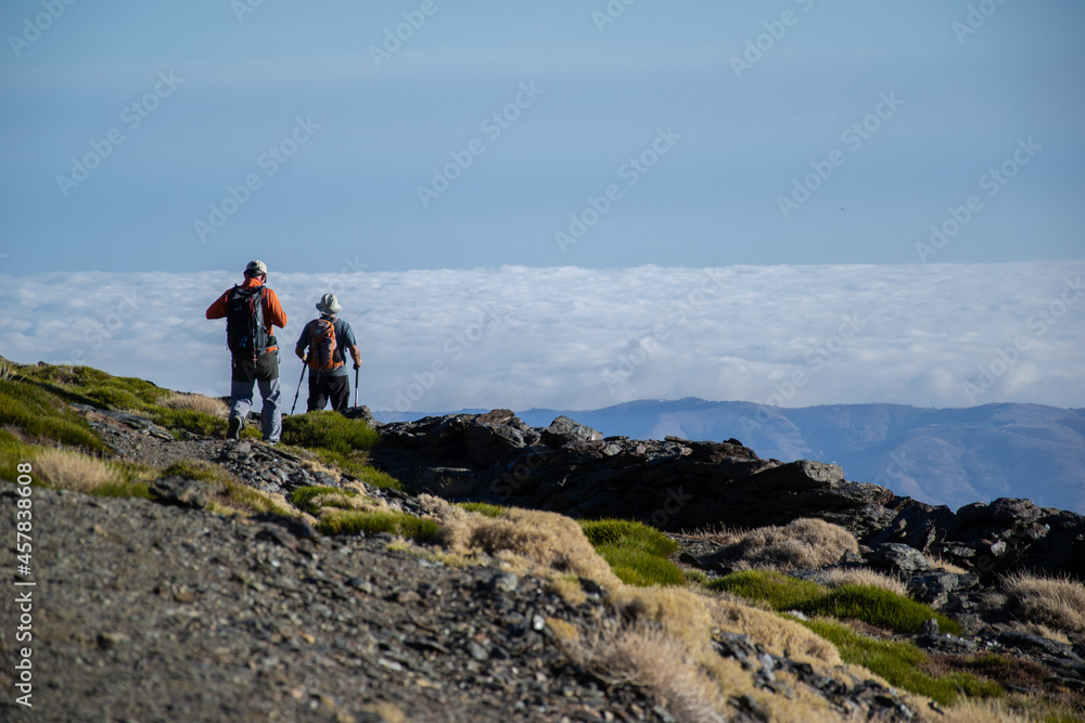 two hikers walking through Sierra Nevada with bushes and a sea of clouds in the background