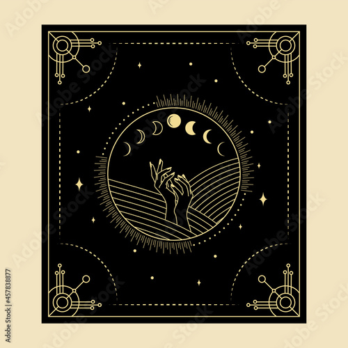 Celestial mystical tarot cards Elements of esoteric, occult, alchemical and witch symbols Zodiac signs Cards with esoteric symbols. Silhouette of hands, stars, moon and crystals spiritual vector