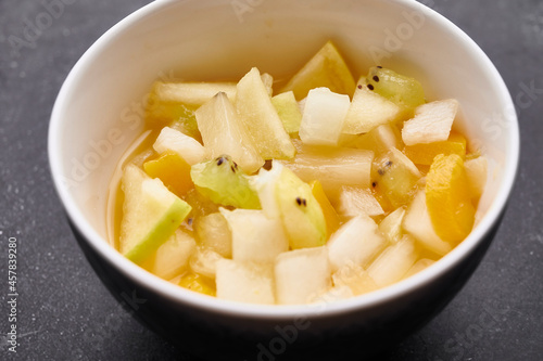 Bowl of fruit salad viewed from above