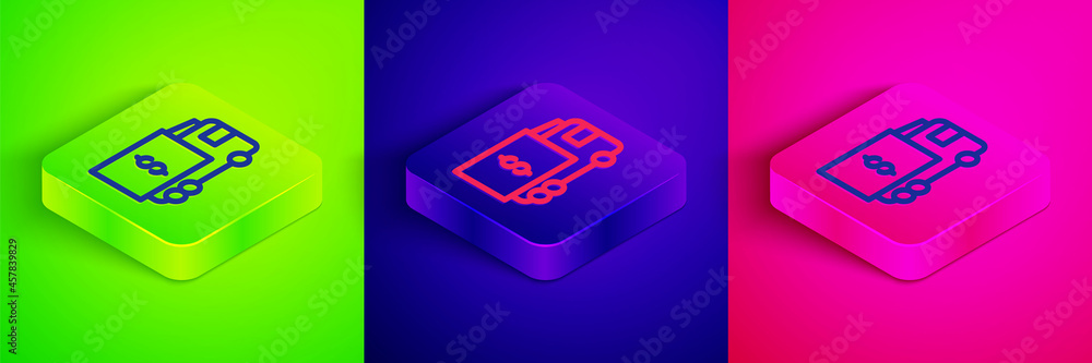 Isometric line Armored truck icon isolated on green, blue and pink background. Square button. Vector Isometric line Armored truck icon isolated on green, blue and pink background. Square button. Vector
