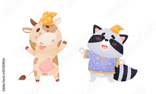 Cute Animal Character in Night Cap Yawning Vector Set