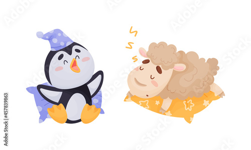 Cute Animal Character in Night Cap Sleeping on Pillow and Yawning Vector Set