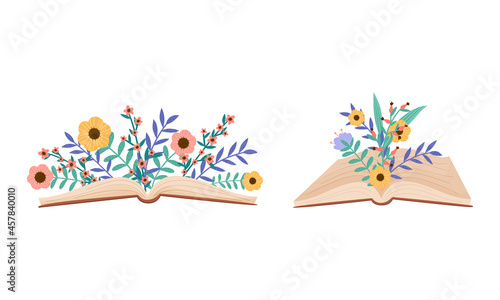 Open Book in Brown Hard Cover with Floral Composition Vector Set