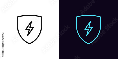 Outline electric shield icon, with editable stroke. Shield with lightning sign, charge pictogram