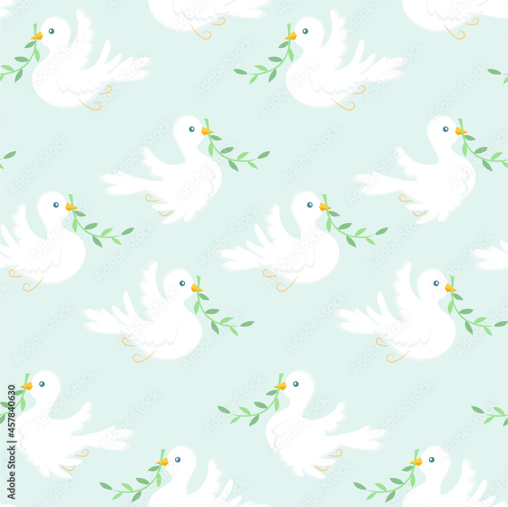 Dove of peace seamless pattern on blue. White dove green olive branch stock vector illustration for web, for print Dove of peace seamless pattern on blue. White dove green olive branch stock vector illustration for web, for print
