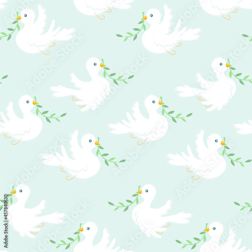 Dove of peace seamless pattern on blue. White dove green olive branch stock vector illustration for web  for print