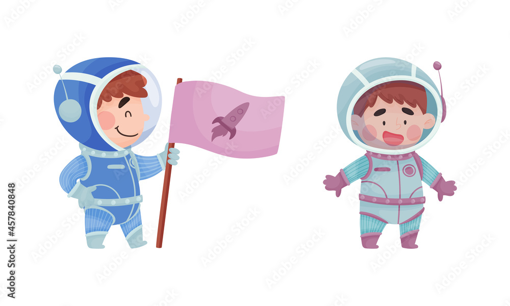 Little Boy Astronaut Wearing Spacesuit Exploring the Moon with Flag Vector Set