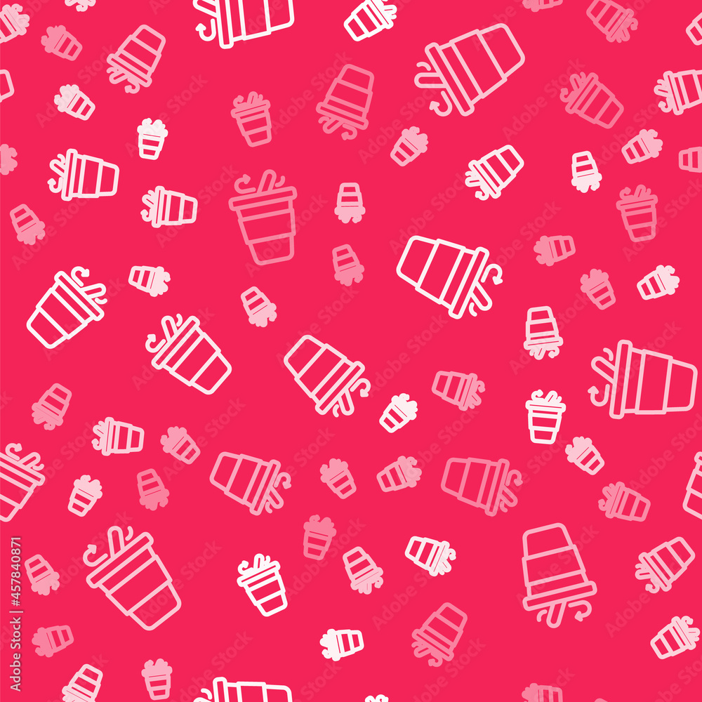 White line Coffee cup to go icon isolated seamless pattern on red background. Vector
