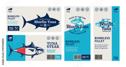 Vector tuna labels and packaging design concepts. Tuna fish illustrations