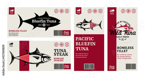 Vector tuna labels and packaging design concepts. Tuna fish illustrations