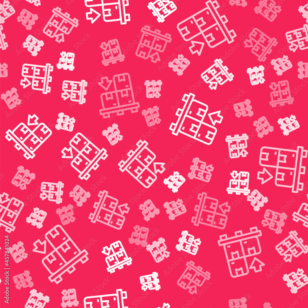 White line Cardboard boxes on pallet icon isolated seamless pattern on red background. Closed carton delivery packaging box with fragile signs. Vector White line Cardboard boxes on pallet icon isolated seamless pattern on red background. Closed carton delivery packaging box with fragile signs. Vector