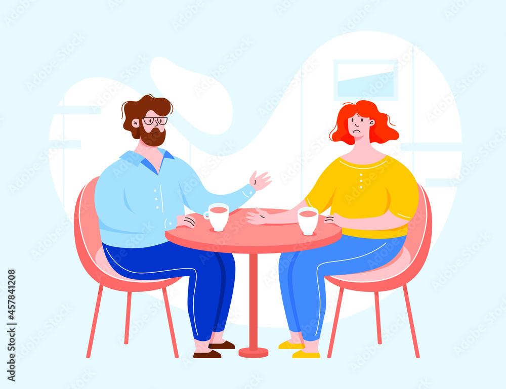 Two vector character having a conversation and sitting behind the table. People in a cafe Two vector character having a conversation and sitting behind the table. People in a cafe
