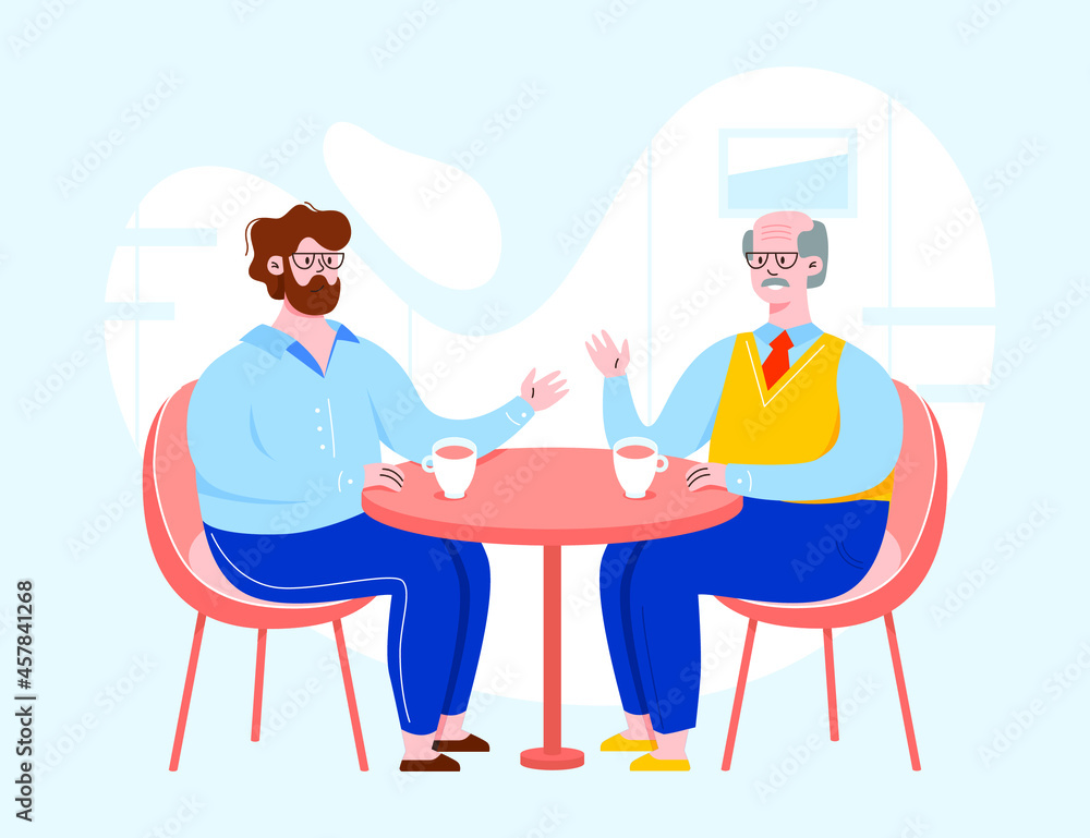 Two vector character having a conversation and sitting behind the table. People in a cafe Two vector character having a conversation and sitting behind the table. People in a cafe