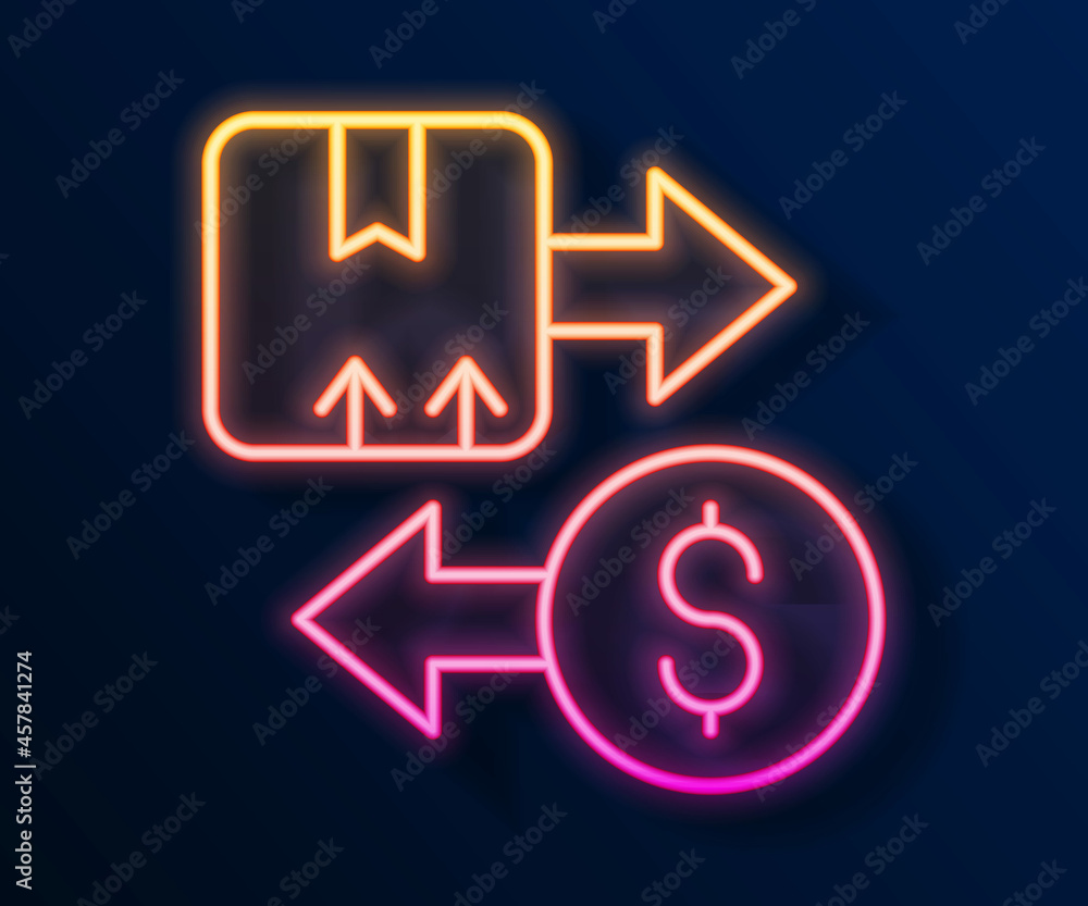Glowing neon line Tax carton cardboard box icon isolated on black background. Box, package, parcel sign. Delivery and packaging. Vector Glowing neon line Tax carton cardboard box icon isolated on black background. Box, package, parcel sign. Delivery and packaging. Vector