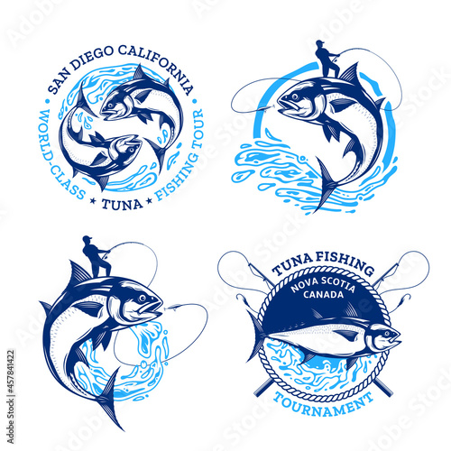 Vector tuna fishing logo. Tuna fish, water splashes and fisherman with a fishing rod illustrations