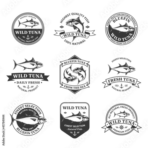 Vector tuna logo and tuna fish illustrations for fisheries, seafood markets, packaging and advertising