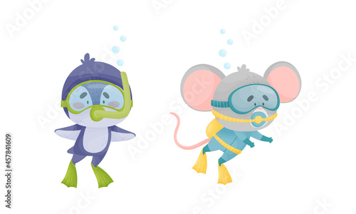 Funny Animal Character Snorkeling and Swimming Underwater in Goggles and Flippers Vector Set. Cute Mammal Floating Undersea Exploring Ocean Bottom Concept