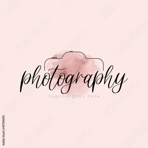 Feminine camera photo watercolor logo design premium