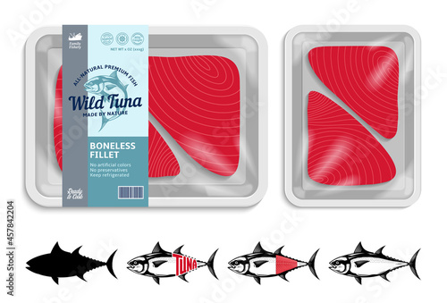 Vector tuna packaging illustration with flat style seafood label and fish steaks. Tuna fish illustrations and food tray mockup