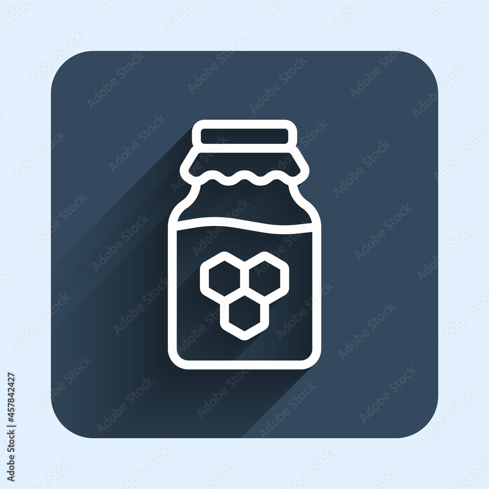 White line Jar of honey icon isolated with long shadow background. Food bank. Sweet natural food symbol. Blue square button. Vector White line Jar of honey icon isolated with long shadow background. Food bank. Sweet natural food symbol. Blue square button. Vector
