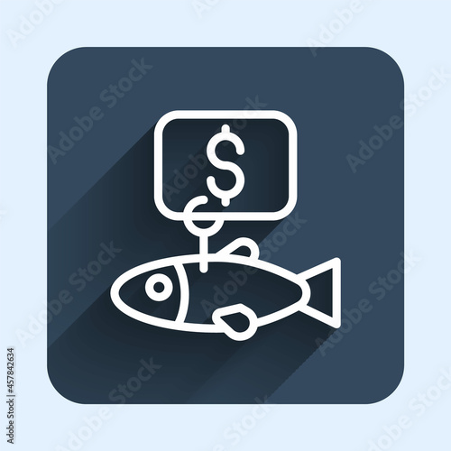 White line Price tag for fish icon isolated with long shadow background. Blue square button. Vector