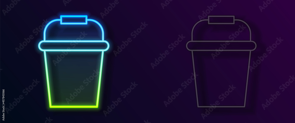 Glowing neon line Fishing bucket icon isolated on black background. Fish in a bucket. Vector