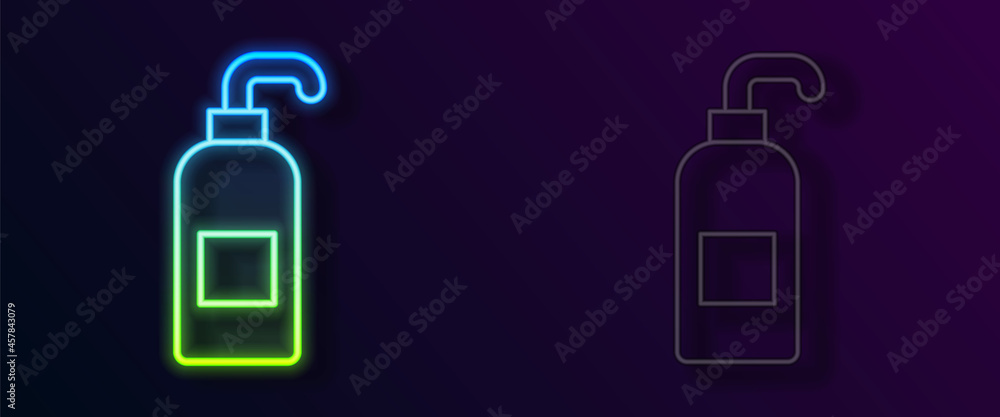 Glowing neon line Bottle of liquid antibacterial soap with dispenser icon isolated on black background. Antiseptic. Disinfection, hygiene, skin care. Vector Glowing neon line Bottle of liquid antibacterial soap with dispenser icon isolated on black background. Antiseptic. Disinfection, hygiene, skin care. Vector