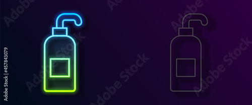 Glowing neon line Bottle of liquid antibacterial soap with dispenser icon isolated on black background. Antiseptic. Disinfection, hygiene, skin care. Vector