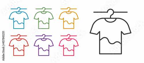 Set line Drying clothes icon isolated on white background. Clean shirt. Wash clothes on a rope with clothespins. Clothing care and tidiness. Set icons colorful. Vector