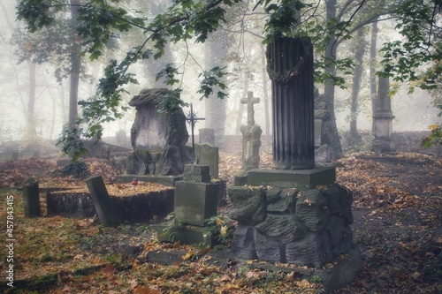 Φωτογραφία old tombstones covered with leaves at the evangelical cemetery in Plock on a fog