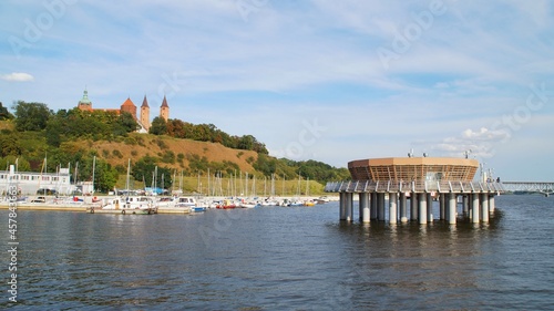 View of Płock from the side of the Vistula River. Pier and marina in the foreground. In the background Tumskie Hill with the castle and the cathedral 