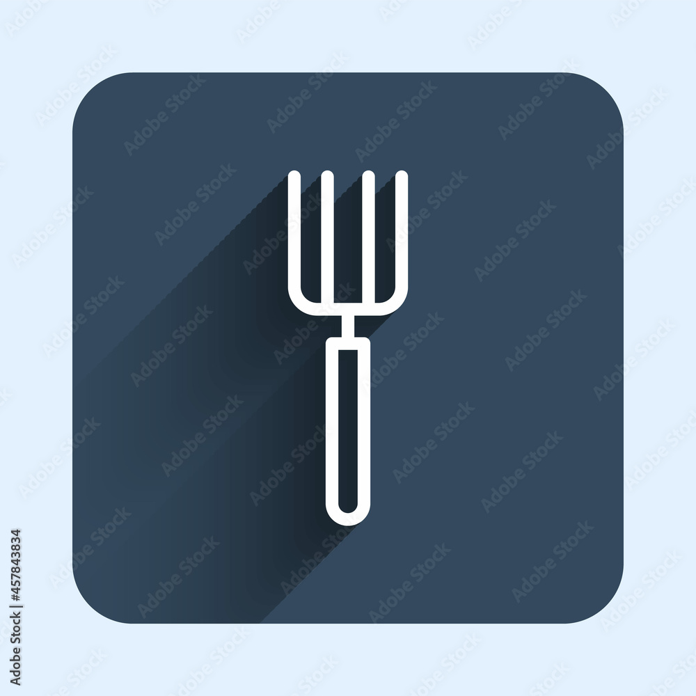 White line Garden pitchfork icon isolated with long shadow background. Garden fork sign. Tool for horticulture, agriculture, farming. Blue square button. Vector White line Garden pitchfork icon isolated with long shadow background. Garden fork sign. Tool for horticulture, agriculture, farming. Blue square button. Vector