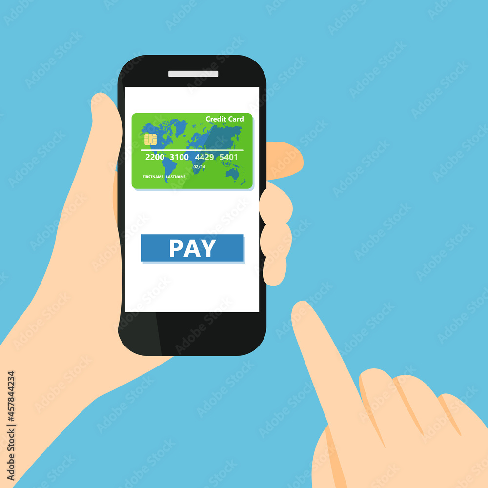 Hand holding a mobile phone to pay with credit card cartoon vector illustration