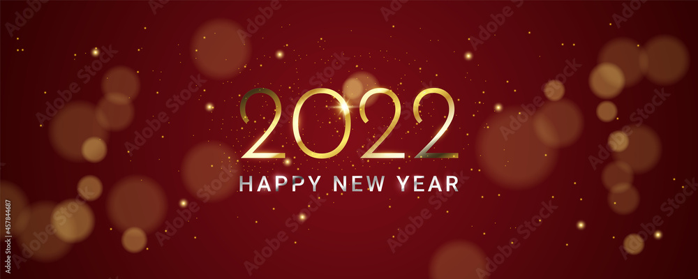 Luxury 2022 Happy New Year background. Blurry glitter particles on black background. Holiday vector illustration. Golden metallic numbers 2022 with shining snowflake and sparkling glitters.