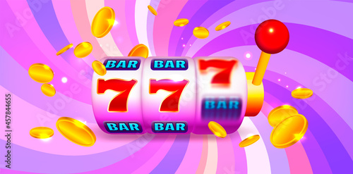 Slot Machine with Icons and Coins on Colorful Background. Online Casino Banner Illustration