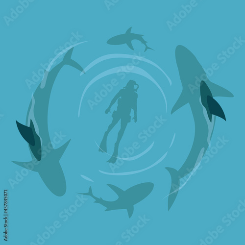 Shark and scuba diver on top view cartoon vector illustration