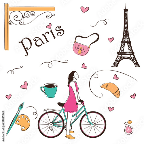 Woman on bicycle with France elements, Paris sketch hand drawn abstract cartoon vector illustration