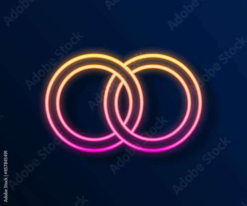 Glowing neon line Wedding rings icon isolated on black background. Bride and groom jewelry sign. Marriage symbol. Diamond ring. Vector