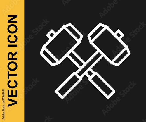 White line Medieval crossed battle hammers icon isolated on black background. Vector