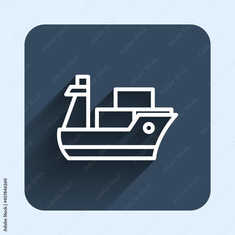 White line Cargo ship icon isolated with long shadow background. Blue square button. Vector White line Cargo ship icon isolated with long shadow background. Blue square button. Vector