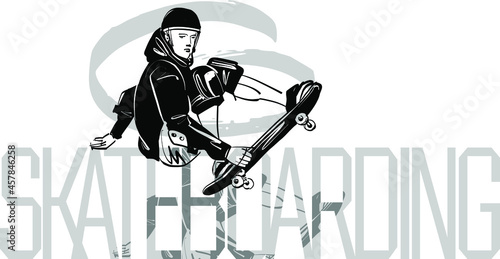 the vector sketch of the teenager doing skateboarding trick element on the skateboard 