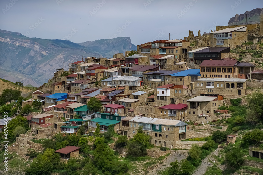 Mountain Village of Chokh in Dagestan, Russia. Terraced Settlement on Hill Slope in the Caucasus