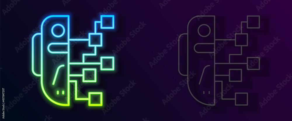 Glowing neon line Humanoid robot icon isolated on black background. Artificial intelligence, machine learning, cloud computing. Vector